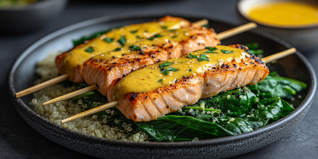 Salmon skewers with a satay sauce covering them, they are sitting on a bed on qinoa and spinich to the side; black charcoal coloured plate and table; with a ramakin of sauce in the background